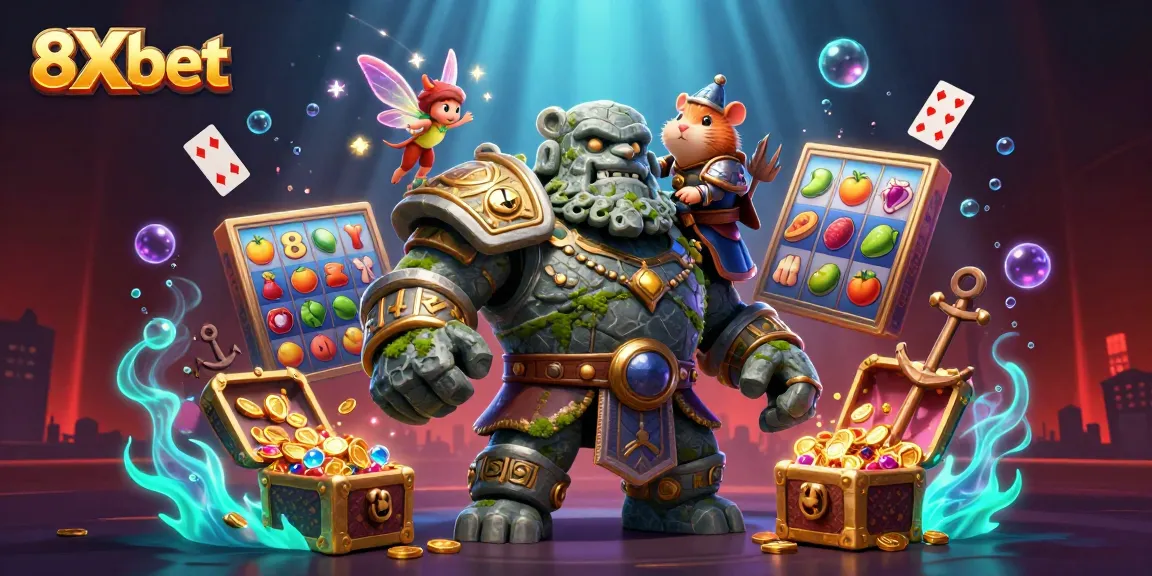 Experience thrilling moments with 8Xbet as the brave hamster knight rides the ancient stone golem surrounded by slot game elements.