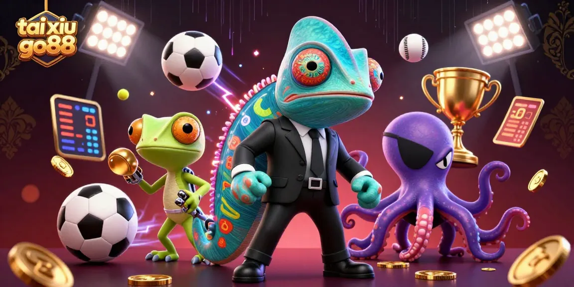 Tai xiu go88 showcases an electrifying gambling scene featuring vibrant characters and dynamic sports elements in a virtual casino.