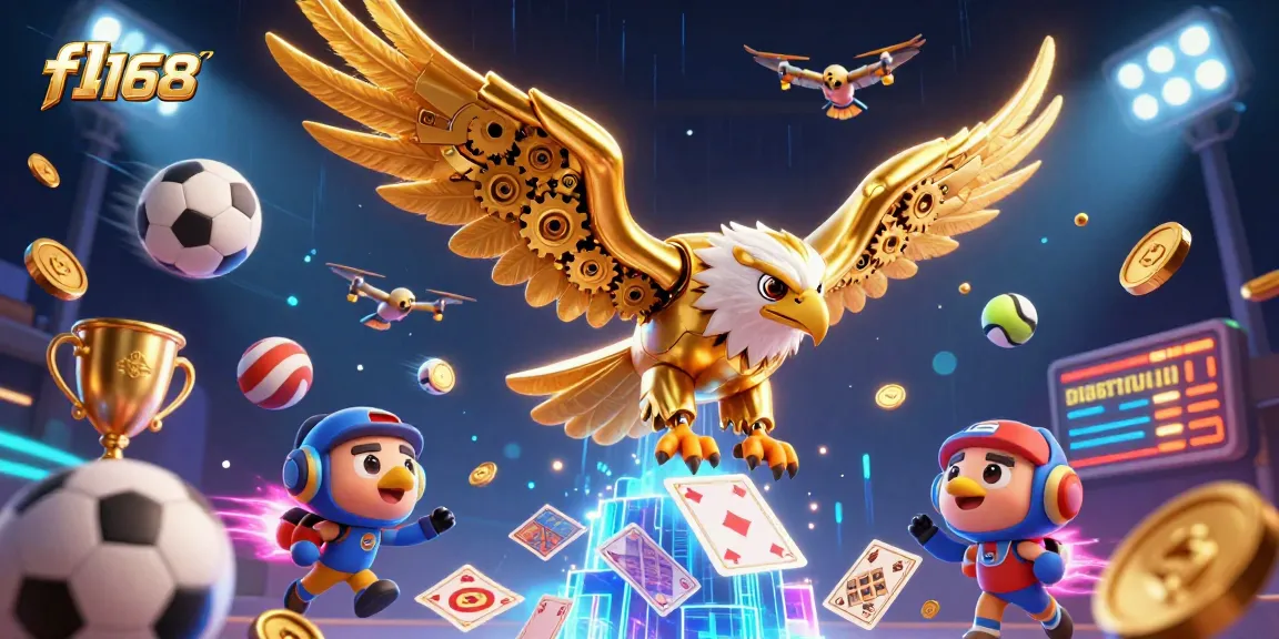 Engage with f168 as a golden eagle dives through playing cards in a vibrant casino setting.