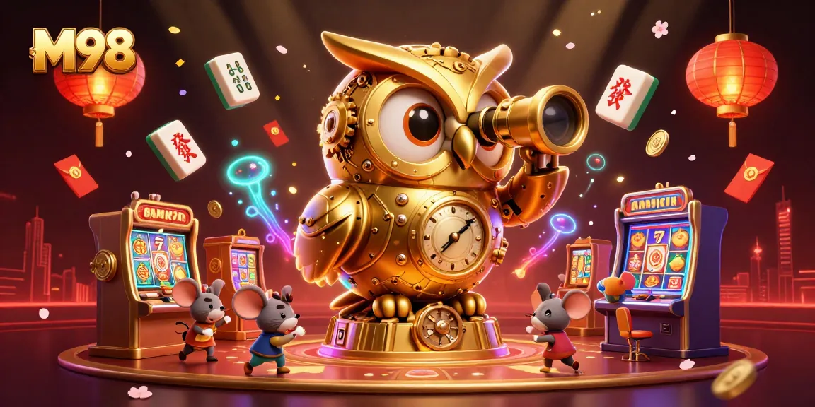 Play exciting games at M98 with a captivating scene featuring a golden owl and vibrant casino elements.